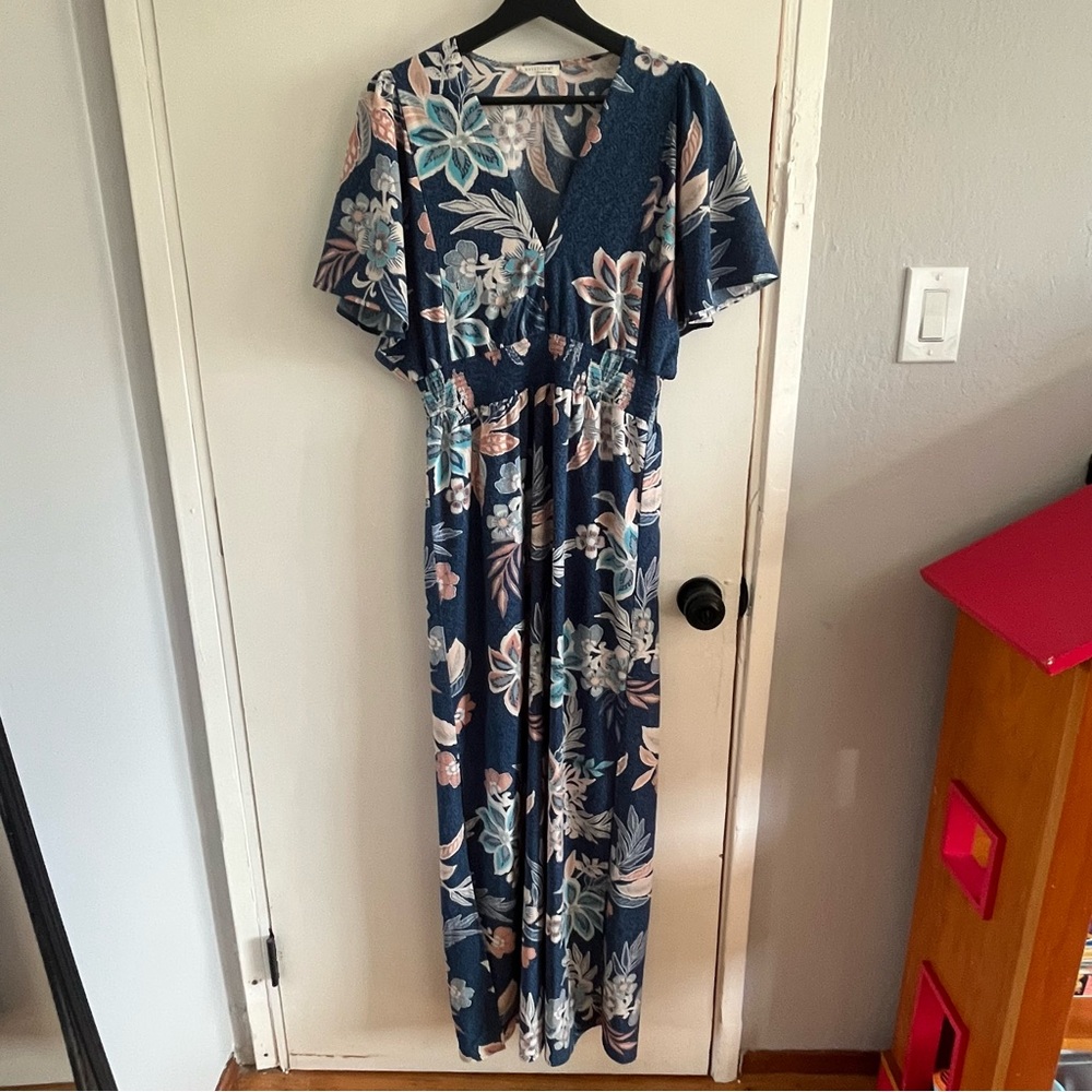 Lovestitch Blue Floral Maxi Dress Size Small Boho Flutter Short Sleeve Bohemian